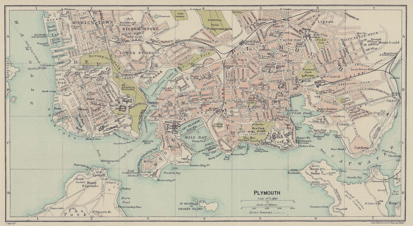 PLYMOUTH town city plan. Devon 1920 old antique vintage map chart